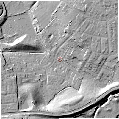 Shaded relief map of the ground around WN74UQ, computed from Environment Agency LiDAR. The ground here sits at about 19 m above sea level and falls 15 m across the surrounding 800 m. Surface water reaching this point runs off ground lying to the north-east, 12.8 m higher.