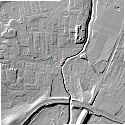 Shaded relief map of the ground around WN75AA, computed from Environment Agency LiDAR. The ground here sits at about 24 m above sea level and falls 14 m across the surrounding 800 m. Surface water reaching this point runs off ground lying to the north-east, 11.3 m higher.