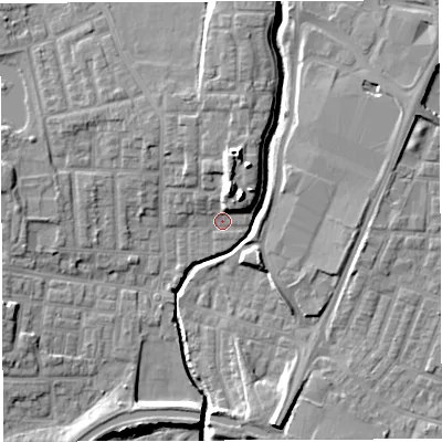 Shaded relief map of the ground around WN75AD, computed from Environment Agency LiDAR. The ground here sits at about 24 m above sea level and falls 13 m across the surrounding 800 m. Surface water reaching this point runs off ground lying to the north-east, 8.8 m higher.