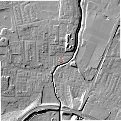 Shaded relief map of the ground around WN75AE, computed from Environment Agency LiDAR. The ground here sits at about 23 m above sea level and falls 14 m across the surrounding 800 m. Surface water reaching this point runs off ground lying to the north-east, 8.9 m higher.
