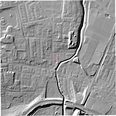 Shaded relief map of the ground around WN75AF, computed from Environment Agency LiDAR. The ground here sits at about 24 m above sea level and falls 14 m across the surrounding 800 m. Surface water reaching this point runs off ground lying to the north-north-east, 8.0 m higher.