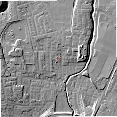 Shaded relief map of the ground around WN75AG, computed from Environment Agency LiDAR. The ground here sits at about 25 m above sea level and falls 13 m across the surrounding 800 m. Surface water reaching this point runs off ground lying to the east-north-east, 6.9 m higher.
