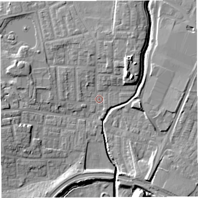Shaded relief map of the ground around WN75AH, computed from Environment Agency LiDAR. The ground here sits at about 23 m above sea level and falls 14 m across the surrounding 800 m. Surface water reaching this point runs off ground lying to the west-north-west, 6.3 m higher.