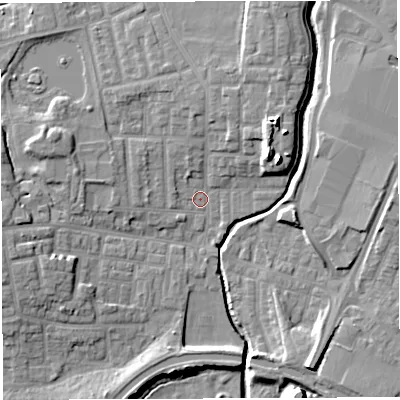 Shaded relief map of the ground around WN75AJ, computed from Environment Agency LiDAR. The ground here sits at about 24 m above sea level and falls 13 m across the surrounding 800 m. Surface water reaching this point runs off ground lying to the west-north-west, 6.3 m higher.