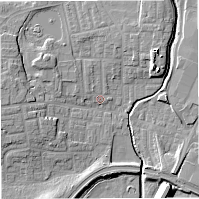 Shaded relief map of the ground around WN75AL, computed from Environment Agency LiDAR. The ground here sits at about 24 m above sea level and falls 14 m across the surrounding 800 m. Surface water reaching this point runs off ground lying to the north-west, 5.4 m higher.