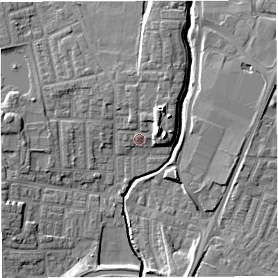Shaded relief map of the ground around WN75BE, computed from Environment Agency LiDAR. The ground here sits at about 26 m above sea level and falls 13 m across the surrounding 800 m. Surface water reaching this point runs off ground lying to the north-east, 5.6 m higher.