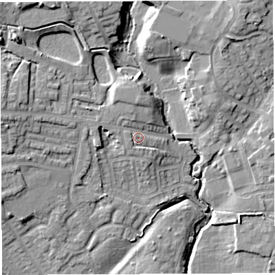 Shaded relief map of the ground around WN75JT, computed from Environment Agency LiDAR. The ground here sits at about 34 m above sea level and falls 17 m across the surrounding 800 m. Surface water reaching this point runs off ground lying to the west-north-west, 7.0 m higher.
