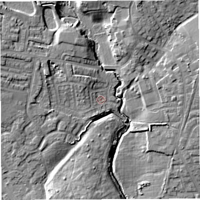 Shaded relief map of the ground around WN75LY, computed from Environment Agency LiDAR. The ground here sits at about 30 m above sea level and falls 14 m across the surrounding 800 m. Surface water reaching this point runs off ground lying to the north-west, 4.2 m higher.