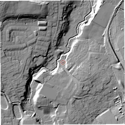 Shaded relief map of the ground around WN75NW, computed from Environment Agency LiDAR. The ground here sits at about 33 m above sea level and falls 24 m across the surrounding 800 m. Surface water reaching this point runs off ground lying to the south-east, 7.2 m higher.