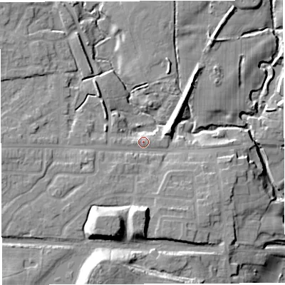 Shaded relief map of the ground around WN75PY, computed from Environment Agency LiDAR. The ground here sits at about 42 m above sea level and falls 22 m across the surrounding 800 m. Surface water reaching this point runs off ground lying to the south-west, 3.6 m higher.