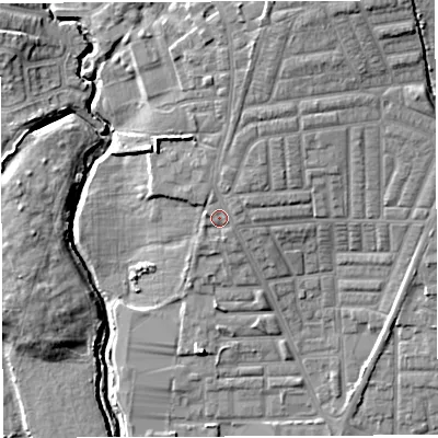 Shaded relief map of the ground around WN75RP, computed from Environment Agency LiDAR. The ground here sits at about 31 m above sea level and falls 13 m across the surrounding 800 m. Surface water reaching this point runs off ground lying to the north-north-east, 6.4 m higher.