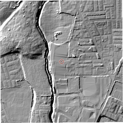 Shaded relief map of the ground around WN75RS, computed from Environment Agency LiDAR. The ground here sits at about 27 m above sea level and falls 11 m across the surrounding 800 m. The ground contributing surface water to this point lies to the west.