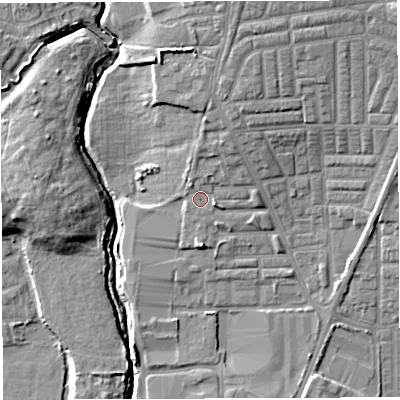 Shaded relief map of the ground around WN75RX, computed from Environment Agency LiDAR. The ground here sits at about 28 m above sea level and falls 11 m across the surrounding 800 m. Surface water reaching this point runs off ground lying to the north-north-east, 6.3 m higher.