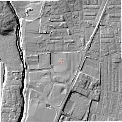 Shaded relief map of the ground around WN75RZ, computed from Environment Agency LiDAR. The ground here sits at about 26 m above sea level and falls 11 m across the surrounding 800 m. Surface water reaching this point runs off ground lying to the south, 2.5 m higher.