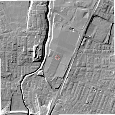 Shaded relief map of the ground around WN75SJ, computed from Environment Agency LiDAR. The ground here sits at about 26 m above sea level and falls 13 m across the surrounding 800 m. The ground contributing surface water to this point lies to the north.