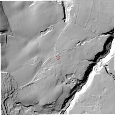 Shaded relief map of the ground around WN80QZ, computed from Environment Agency LiDAR. The ground here sits at about 79 m above sea level and falls 55 m across the surrounding 800 m. Surface water reaching this point runs off ground lying to the south, 0.7 m higher.