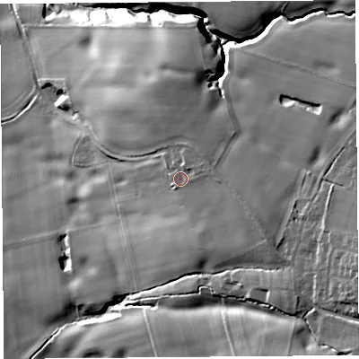 Shaded relief map of the ground around WN87BD, computed from Environment Agency LiDAR. The ground here sits at about 34 m above sea level and falls 37 m across the surrounding 800 m. Surface water reaching this point runs off ground lying to the east-north-east, 4.8 m higher.