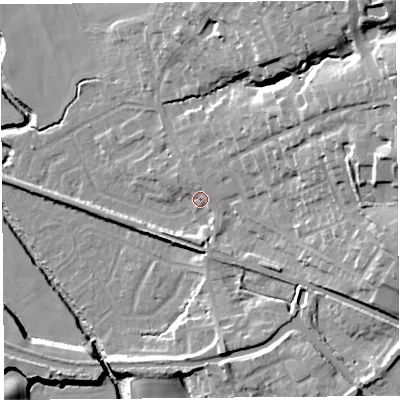 Shaded relief map of the ground around WN87DA, computed from Environment Agency LiDAR. The ground here sits at about 13 m above sea level and falls 31 m across the surrounding 800 m. Surface water reaching this point runs off ground lying to the east-north-east, 19.1 m higher.