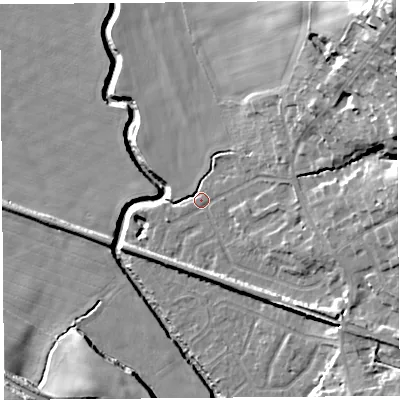 Shaded relief map of the ground around WN87DH, computed from Environment Agency LiDAR. The ground here sits at about 10 m above sea level and falls 28 m across the surrounding 800 m. Surface water reaching this point runs off ground lying to the north-east, 22.8 m higher.