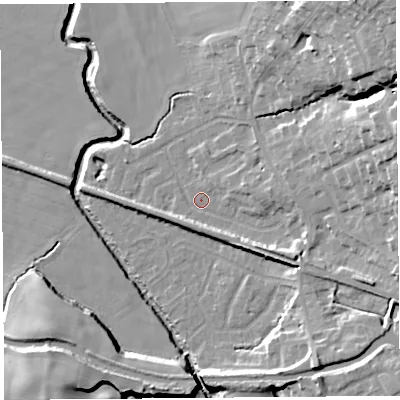 Shaded relief map of the ground around WN87DJ, computed from Environment Agency LiDAR. The ground here sits at about 10 m above sea level and falls 24 m across the surrounding 800 m. Surface water reaching this point runs off ground lying to the east-north-east, 14.0 m higher.