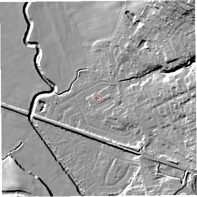 Shaded relief map of the ground around WN87DN, computed from Environment Agency LiDAR. The ground here sits at about 11 m above sea level and falls 32 m across the surrounding 800 m. Surface water reaching this point runs off ground lying to the east-north-east, 15.8 m higher.