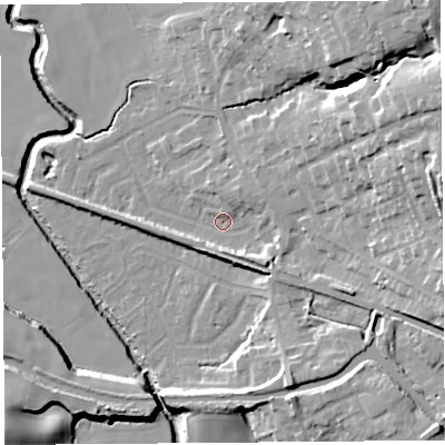 Shaded relief map of the ground around WN87DP, computed from Environment Agency LiDAR. The ground here sits at about 11 m above sea level and falls 26 m across the surrounding 800 m. Surface water reaching this point runs off ground lying to the east-north-east, 17.2 m higher.