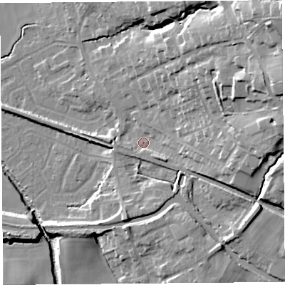 Shaded relief map of the ground around WN87DR, computed from Environment Agency LiDAR. The ground here sits at about 13 m above sea level and falls 31 m across the surrounding 800 m. Surface water reaching this point runs off ground lying to the east, 17.7 m higher.