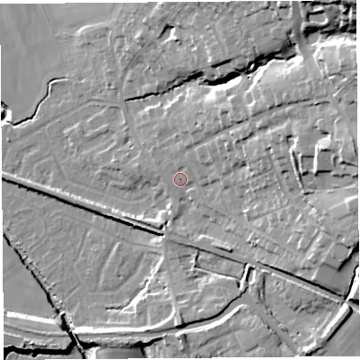 Shaded relief map of the ground around WN87HA, computed from Environment Agency LiDAR. The ground here sits at about 14 m above sea level and falls 36 m across the surrounding 800 m. Surface water reaching this point runs off ground lying to the north-east, 5.8 m higher.