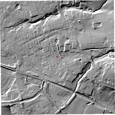 Shaded relief map of the ground around WN87HD, computed from Environment Agency LiDAR. The ground here sits at about 21 m above sea level and falls 39 m across the surrounding 800 m. Surface water reaching this point runs off ground lying to the east-north-east, 26.2 m higher.