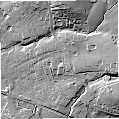 Shaded relief map of the ground around WN87HS, computed from Environment Agency LiDAR. The ground here sits at about 29 m above sea level and falls 48 m across the surrounding 800 m. Surface water reaching this point runs off ground lying to the east-north-east, 23.9 m higher.