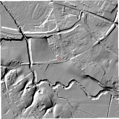 Shaded relief map of the ground around WN87NL, computed from Environment Agency LiDAR. The ground here sits at about 12 m above sea level and falls 30 m across the surrounding 800 m. Surface water reaching this point runs off ground lying to the east-north-east, 6.8 m higher.