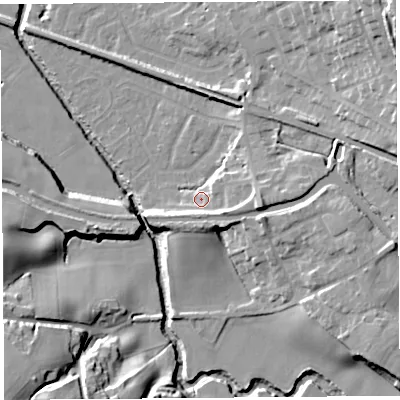 Shaded relief map of the ground around WN87NT, computed from Environment Agency LiDAR. The ground here sits at about 12 m above sea level and falls 25 m across the surrounding 800 m. Surface water reaching this point runs off ground lying to the east, 8.7 m higher.
