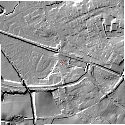 Shaded relief map of the ground around WN87NU, computed from Environment Agency LiDAR. The ground here sits at about 14 m above sea level and falls 27 m across the surrounding 800 m. Surface water reaching this point runs off ground lying to the east, 14.1 m higher.
