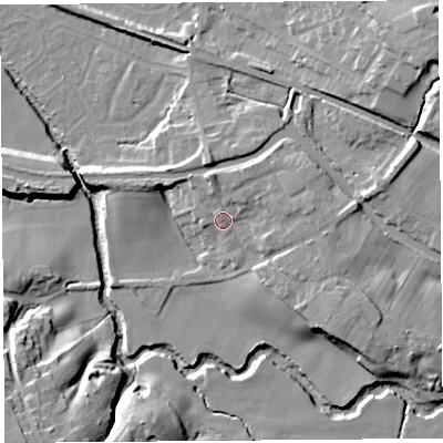 Shaded relief map of the ground around WN87NW, computed from Environment Agency LiDAR. The ground here sits at about 16 m above sea level and falls 25 m across the surrounding 800 m. Surface water reaching this point runs off ground lying to the east, 3.7 m higher.