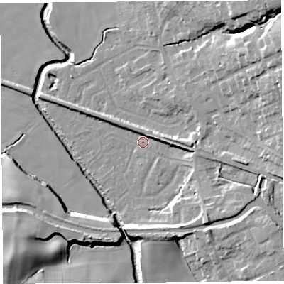 Shaded relief map of the ground around WN87PB, computed from Environment Agency LiDAR. The ground here sits at about 11 m above sea level and falls 22 m across the surrounding 800 m. Surface water reaching this point runs off ground lying to the east, 5.3 m higher.