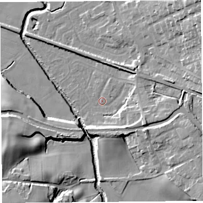 Shaded relief map of the ground around WN87PD, computed from Environment Agency LiDAR. The ground here sits at about 11 m above sea level and falls 24 m across the surrounding 800 m. Surface water reaching this point runs off ground lying to the east-south-east, 9.2 m higher.