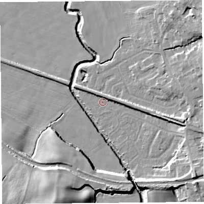 Shaded relief map of the ground around WN87PE, computed from Environment Agency LiDAR. The ground here sits at about 10 m above sea level and falls 21 m across the surrounding 800 m. Surface water reaching this point runs off ground lying to the south-east, 9.3 m higher.