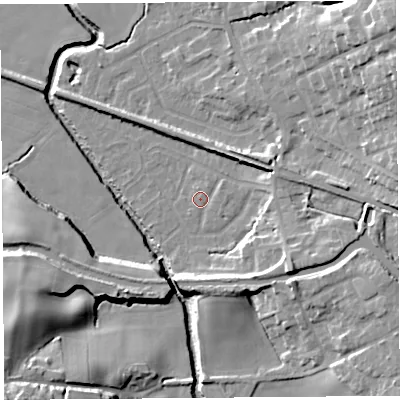 Shaded relief map of the ground around WN87PF, computed from Environment Agency LiDAR. The ground here sits at about 11 m above sea level and falls 23 m across the surrounding 800 m. Surface water reaching this point runs off ground lying to the east-north-east, 3.2 m higher.