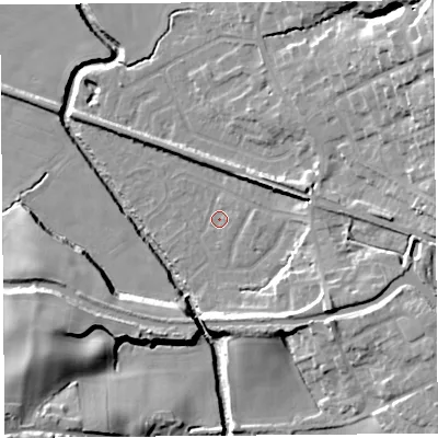 Shaded relief map of the ground around WN87PG, computed from Environment Agency LiDAR. The ground here sits at about 10 m above sea level and falls 22 m across the surrounding 800 m. Surface water reaching this point runs off ground lying to the south-east, 9.2 m higher.