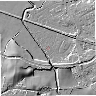 Shaded relief map of the ground around WN87PH, computed from Environment Agency LiDAR. The ground here sits at about 10 m above sea level and falls 24 m across the surrounding 800 m. The ground contributing surface water to this point lies to the south.