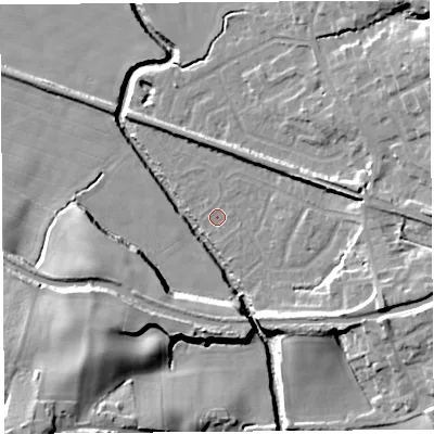 Shaded relief map of the ground around WN87PJ, computed from Environment Agency LiDAR. The ground here sits at about 10 m above sea level and falls 24 m across the surrounding 800 m. Surface water reaching this point runs off ground lying to the south-east, 0.5 m higher.