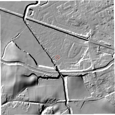 Shaded relief map of the ground around WN87PQ, computed from Environment Agency LiDAR. The ground here sits at about 11 m above sea level and falls 25 m across the surrounding 800 m. Surface water reaching this point runs off ground lying to the east-south-east, 9.2 m higher.
