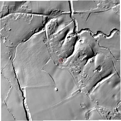 Shaded relief map of the ground around WN87TW, computed from Environment Agency LiDAR. The ground here sits at about 30 m above sea level and falls 48 m across the surrounding 800 m. Surface water reaching this point runs off ground lying to the south, 28.0 m higher.
