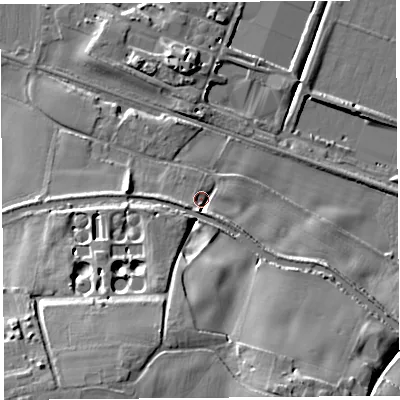Shaded relief map of the ground around WN87UT, computed from Environment Agency LiDAR. The ground here sits at about 13 m above sea level and falls 22 m across the surrounding 800 m. Surface water reaching this point runs off ground lying to the south-west, 18.8 m higher.
