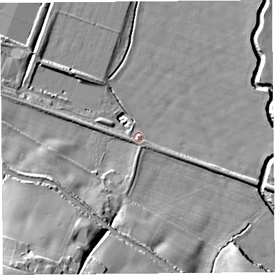 Shaded relief map of the ground around WN87XF, computed from Environment Agency LiDAR. The ground here sits at about 10 m above sea level and falls 28 m across the surrounding 800 m. Surface water reaching this point runs off ground lying to the south-west, 19.9 m higher.