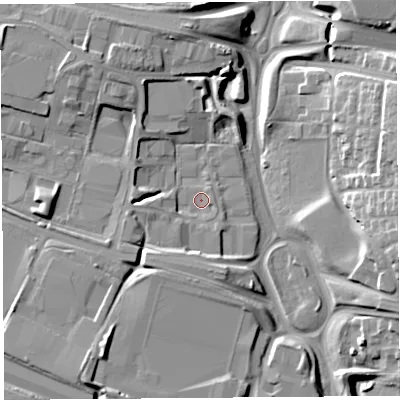 Shaded relief map of the ground around WN89UP, computed from Environment Agency LiDAR. The ground here sits at about 55 m above sea level and falls 14 m across the surrounding 800 m. Surface water reaching this point runs off ground lying to the south-south-west, 8.2 m higher.