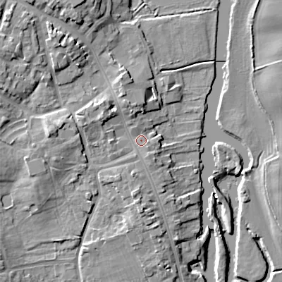 Shaded relief map of the ground around WR101AF, computed from Environment Agency LiDAR. The ground here sits at about 19 m above sea level and falls 11 m across the surrounding 800 m. Surface water reaching this point runs off ground lying to the north-west, 3.4 m higher.