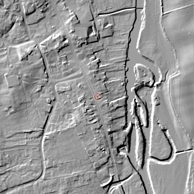 Shaded relief map of the ground around WR101AJ, computed from Environment Agency LiDAR. The ground here sits at about 20 m above sea level and falls 10 m across the surrounding 800 m. Surface water reaching this point runs off ground lying to the south-west, 2.2 m higher.
