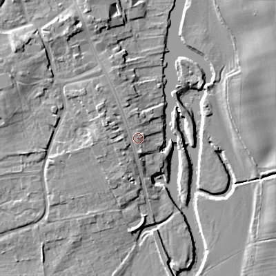 Shaded relief map of the ground around WR101AL, computed from Environment Agency LiDAR. The ground here sits at about 19 m above sea level and falls 10 m across the surrounding 800 m. Surface water reaching this point runs off ground lying to the west-north-west, 2.6 m higher.