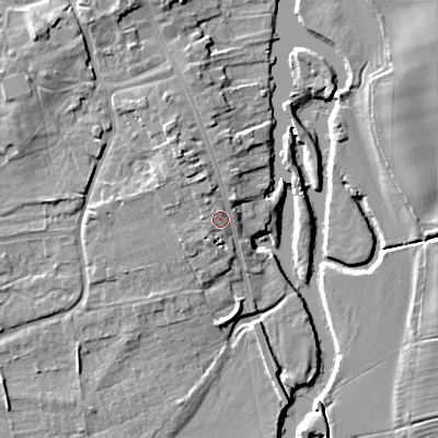 Shaded relief map of the ground around WR101AX, computed from Environment Agency LiDAR. The ground here sits at about 19 m above sea level and falls 10 m across the surrounding 800 m. Surface water reaching this point runs off ground lying to the north-north-west, 3.4 m higher.